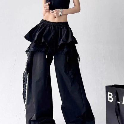 Black lace tiered skirt style wide-leg pants hip hop design with elastic waistband for sexy women girls casual wear