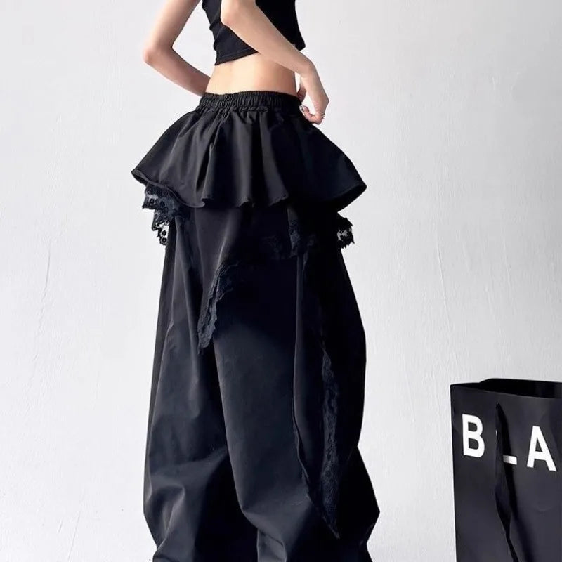Black ruffled wide-leg pants with lace tiered skirt trim and elastic waistband for sexy women girls hip hop dancewear