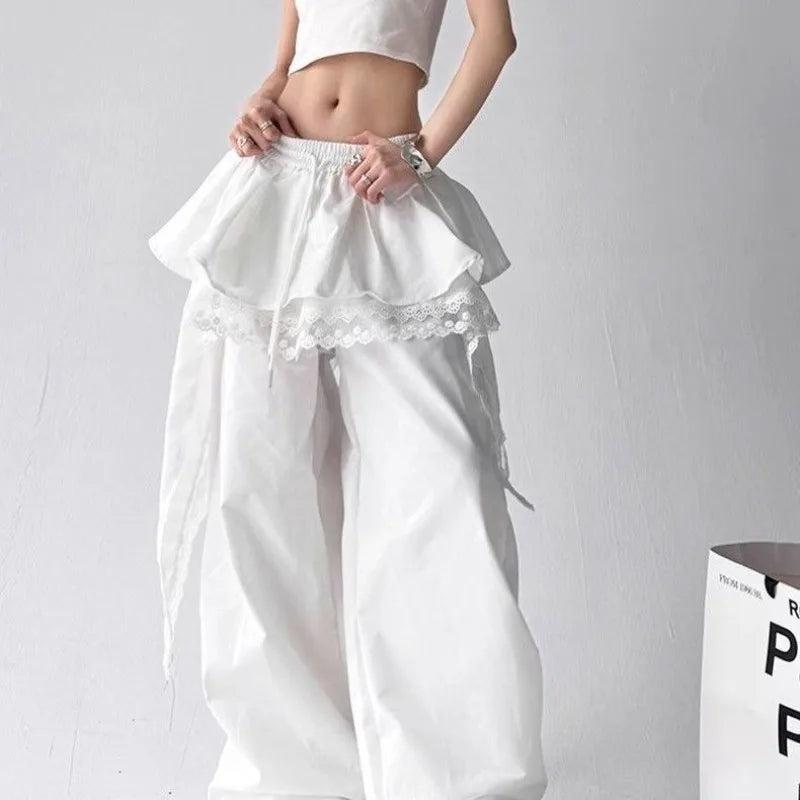 White ruffled wide-leg pants with lace trim and elastic waistband designed as lace tiered skirt pants hip hop for sexy women girls