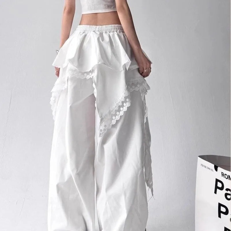 White ruffled wide-leg pants with lace trim designed for sexy women girls hip hop dance and casual summer wear