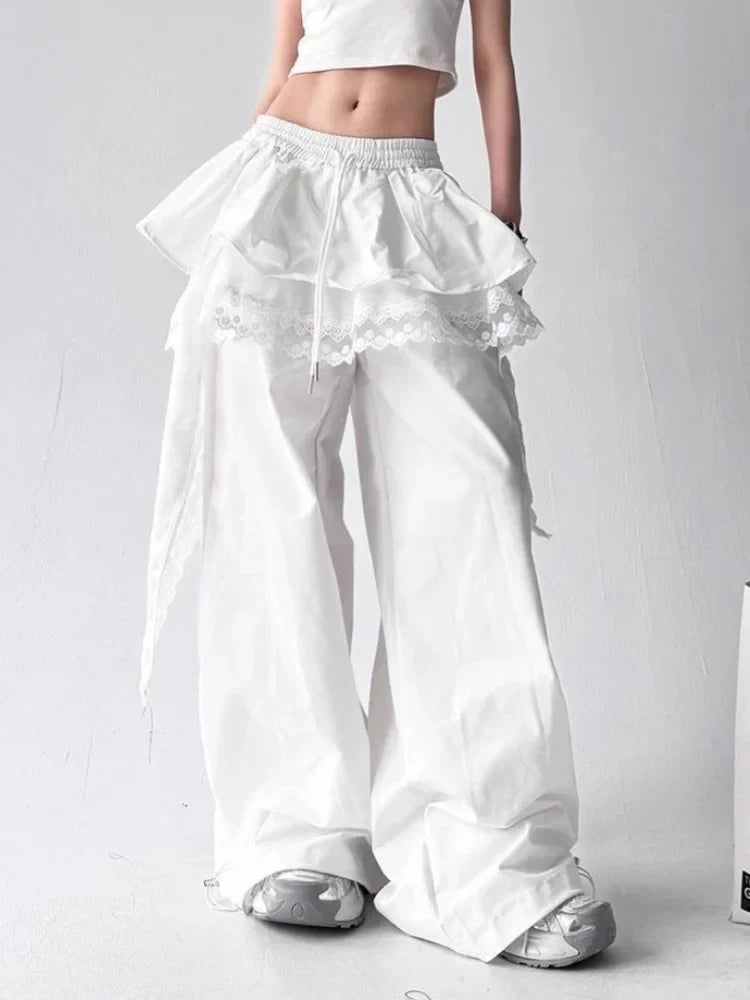White ruffled cargo pants with lace trim and drawstring waist designed as sexy women girls pants hip hop style
