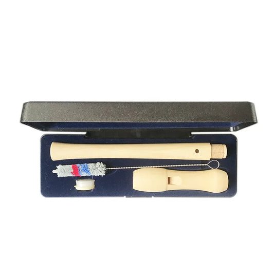 Beige wooden recorder with open hole design and matching reed and brush in navy case high quality oem acceptable jh098 flute toy instrument
