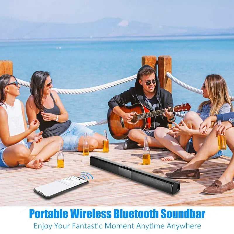 Black wireless bluetooth speaker with sleek textured surface high power wallmounted 40w sound bar for home theater