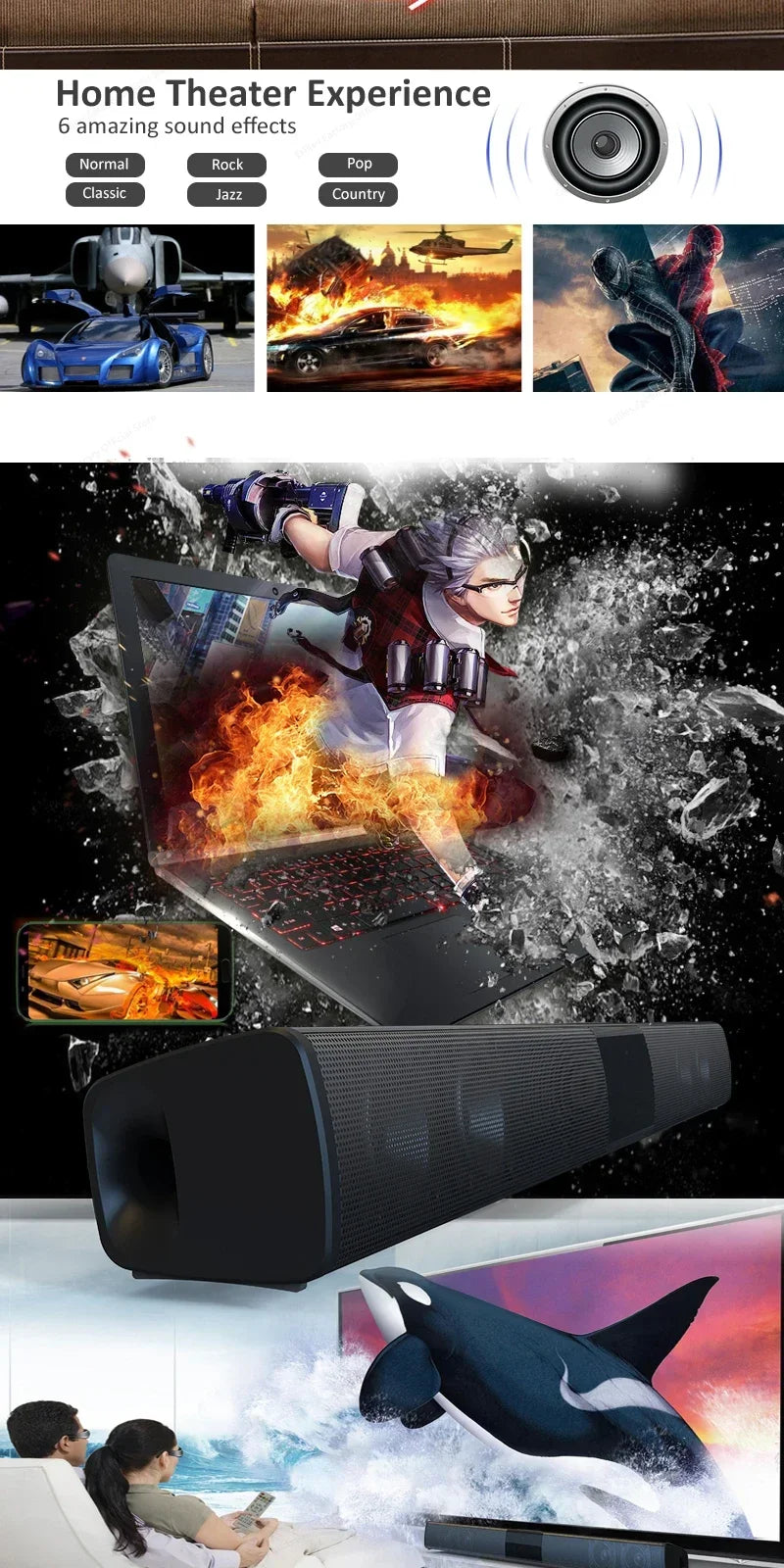 Black rectangular wireless bluetooth speaker with textured surface high power wallmounted 40w sound bar for home theater