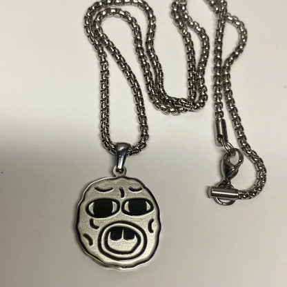 Silver-toned stainless steel hip hop necklace with round cartoon face oxidized finish trend necklace rapper fan gift