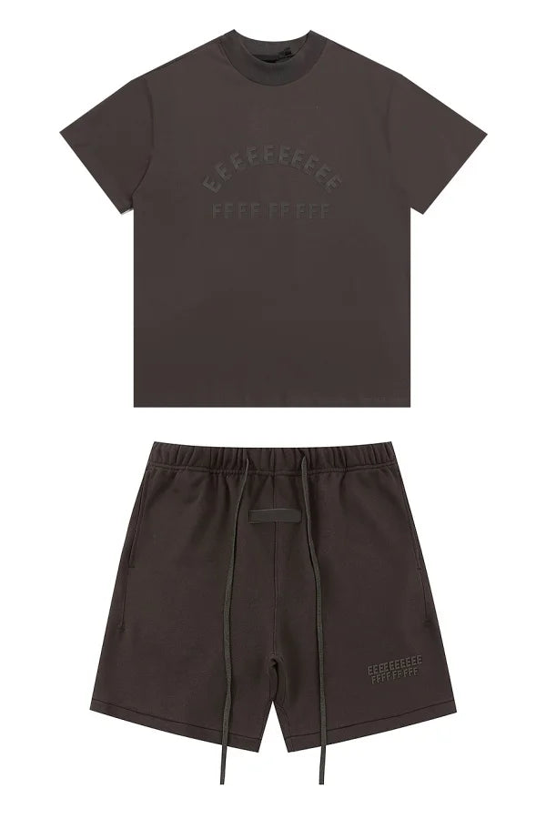 Dark gray shorts sets hiphop featuring a brand rubberzied logo t shirt and matching drawstring shorts streetwear set