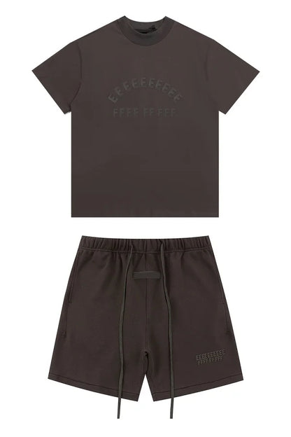 Dark gray shorts sets hiphop featuring a brand rubberzied logo t shirt and matching drawstring shorts streetwear set