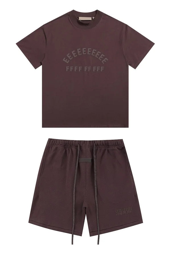 Dark brown short-sleeved t-shirt with subtle arched lettering featuring brand rubberzied logo for shorts sets hiphop streetwear