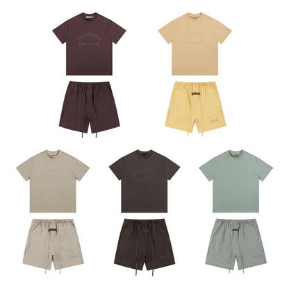 A minimalist set of six muted earth tone shorts sets hiphop with brand rubberzied logo and drawstring shorts streetwear