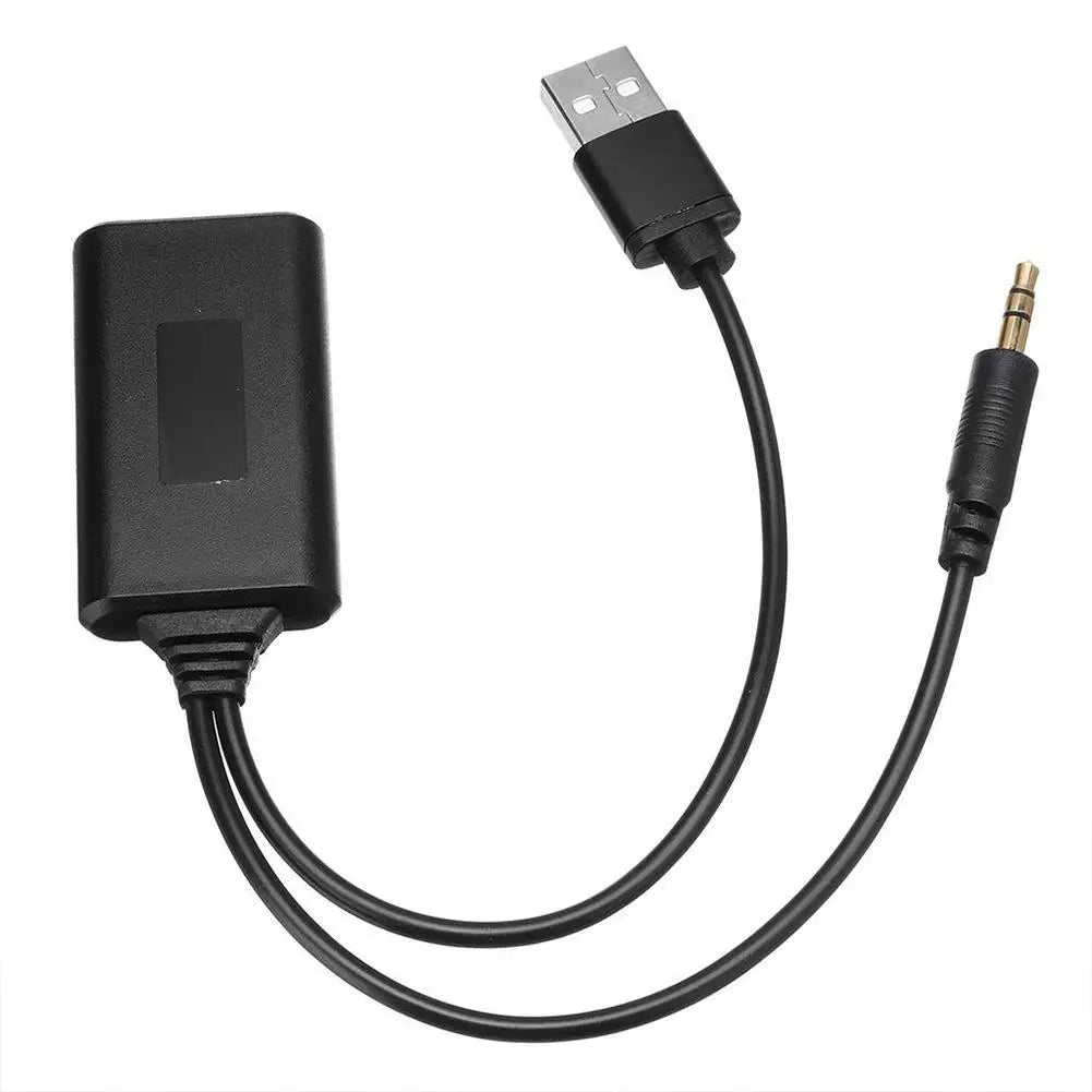 Black usb-to-3.5mm audio adapter with rectangular housing and usb-a to gold-plated jack wireless radio adapter cable