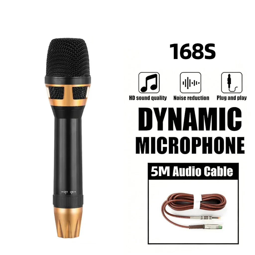 Black and gold high quality wired karaoke dynamic microphone with metal grille labeled 168s for cable stage performance
