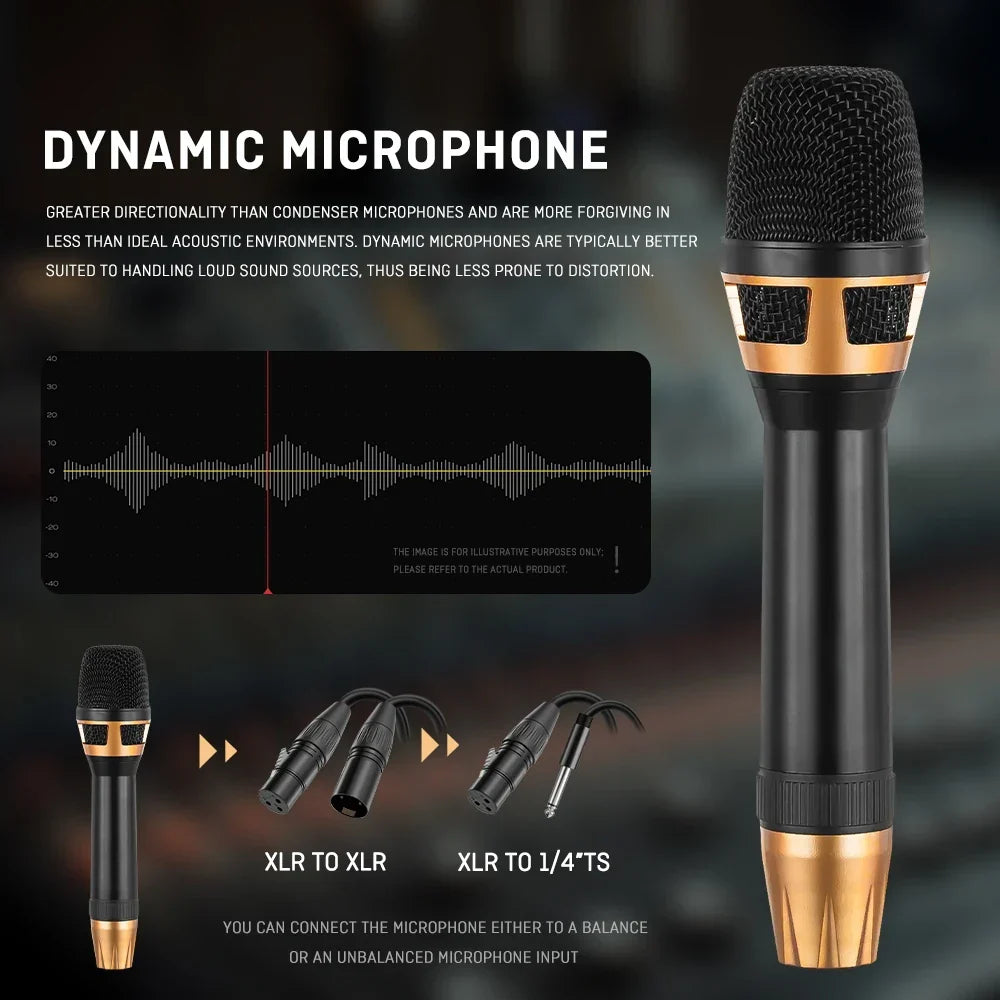 High quality black and gold dynamic microphone wired karaoke microphone with textured grille and cable for stage performance