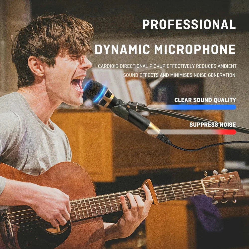 Black professional grade wired karaoke dynamic microphone with gold mesh grille and blue lighting for cable stage performance