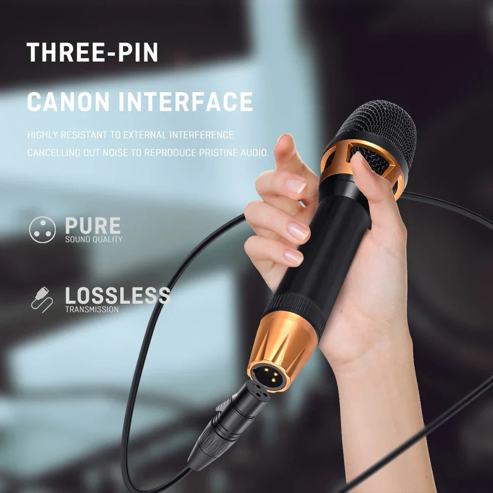 Black and gold high quality wired karaoke dynamic microphone with metal body and three-pin canon interface for cable stage performance