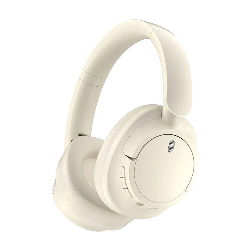 Cream-colored wireless bluetooth headphones with soft-touch finish and minimalist design for gamer headset hifi use