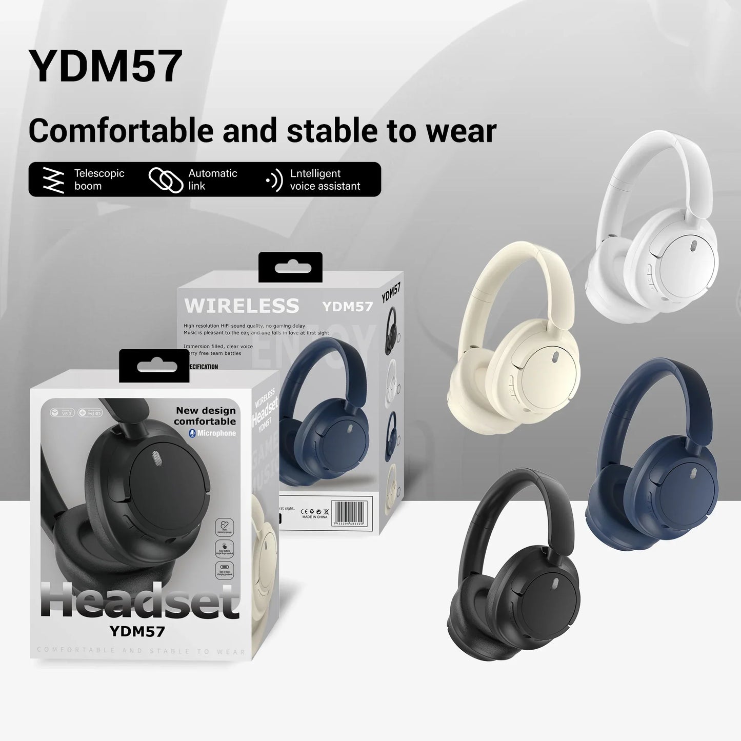 High quality wireless bluetooth headphones in black white and navy blue with sleek design for gamer headset hifi use