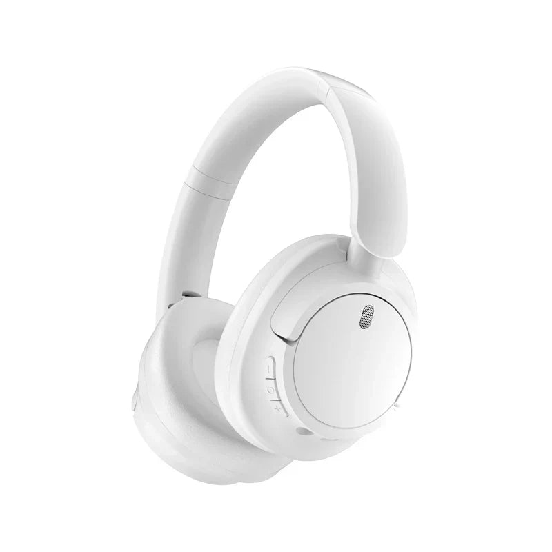 White over-ear wireless bluetooth headphones with soft earcups and sleek design for gamer headset hifi music use