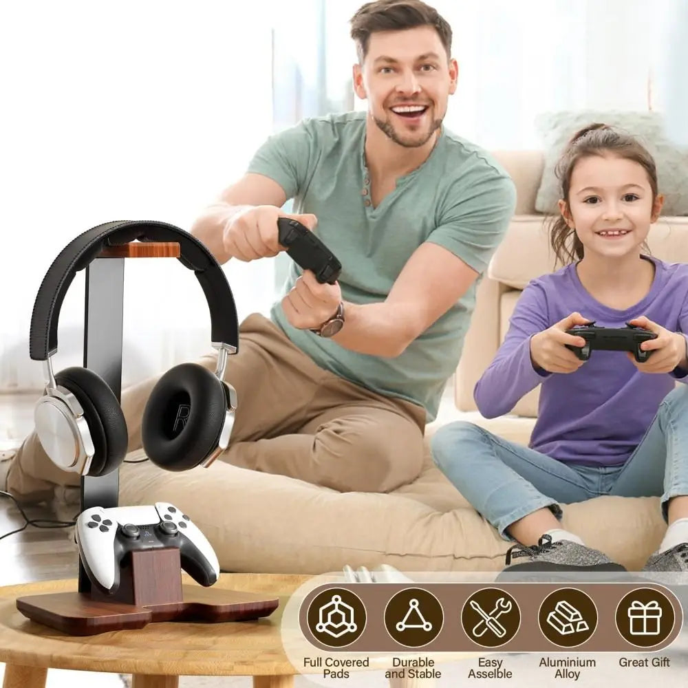 Black and silver gaming headset with wooden accents resting on a creative headphone holder wooden headphone stand detachable
