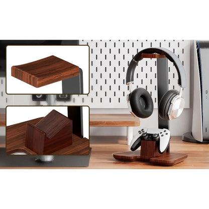 High quality dark wood wooden headphone stand detachable with sleek modern design as a creative headphone holder for desk