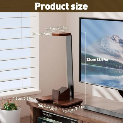 Modern wooden headphone stand with sleek black metal frame and two platforms, detachable creative headphone holder for desk