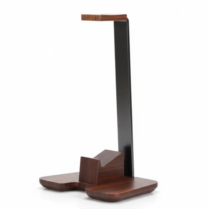 A sleek wooden headphone stand with detachable black metal frame and dark wood finish creative headphone holder