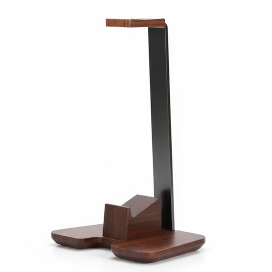 A sleek wooden headphone stand with detachable black metal frame and dark wood finish creative headphone holder
