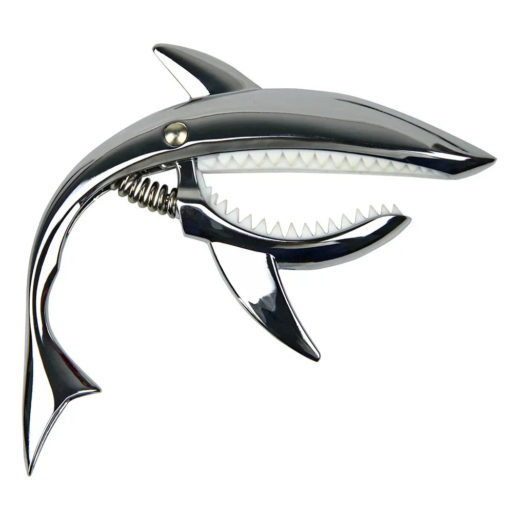 High quality chrome metal shark guitar bottle opener with serrated teeth and spring mechanism quick change clip