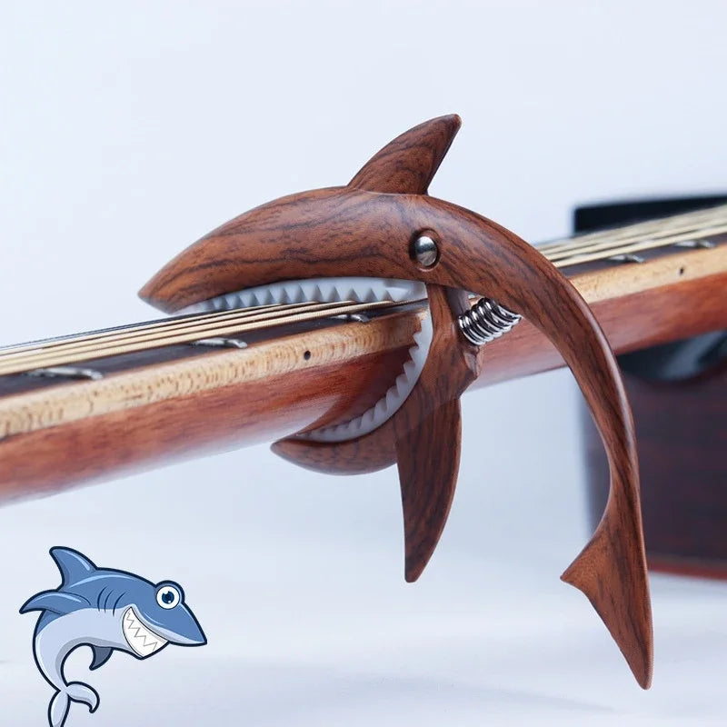 Wooden shark guitar capo with metallic spring and eye detail high quality zinc alloy metal shark guitar quick change clip