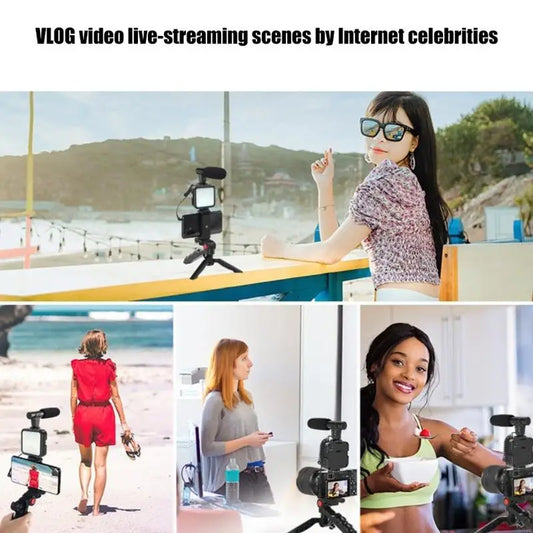 Black compact high sensitivity camera mounted on tripod with external microphone and led light for professional video recording interviews vlogging
