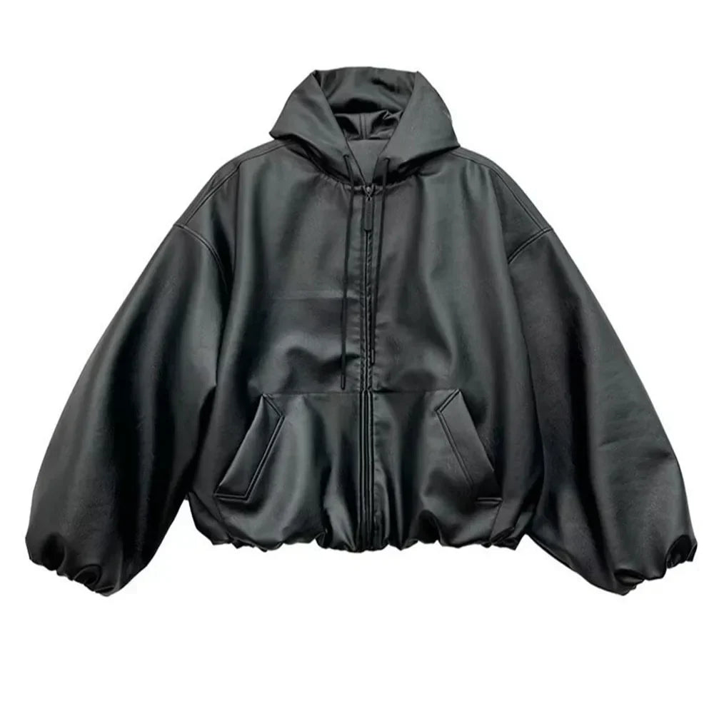 Black leather windbreaker coat with puffy sleeves and front pockets zipper hooded jackets for women cleanfit casual wear