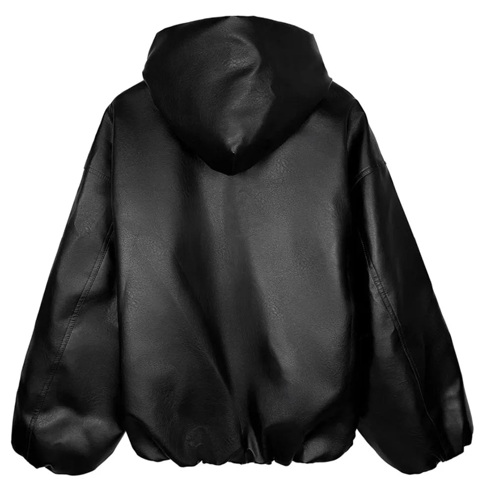 Black leather windbreaker coat with zipper hooded jacket design in relaxed oversized fit for women cleanfit casual wear