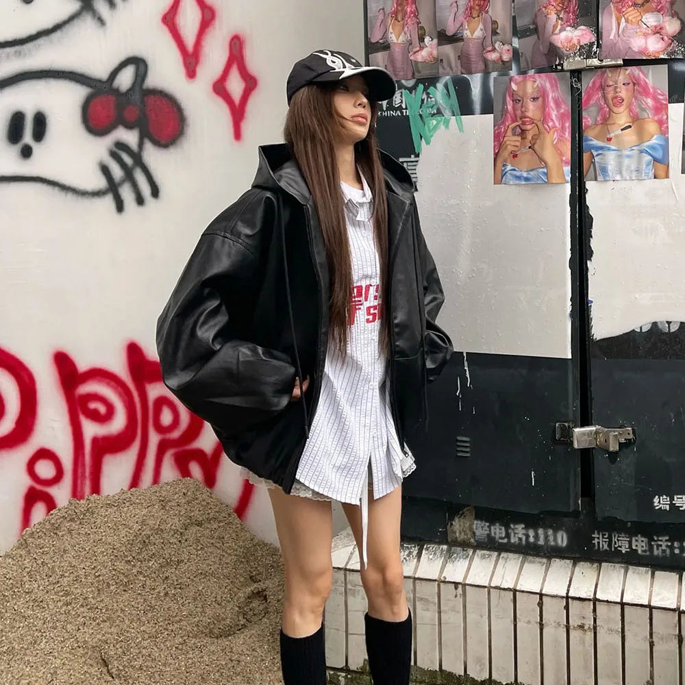 Black faux leather windbreaker coat with zipper hooded jacket design for women cleanfit casual loose wear