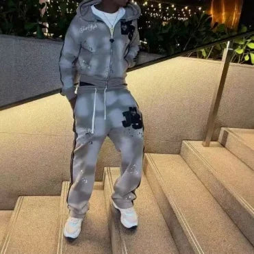 Gray patterned hoodie and matching sweatpants set with black embroidered patches high street america style trend hip hop cool element gothic hoodies