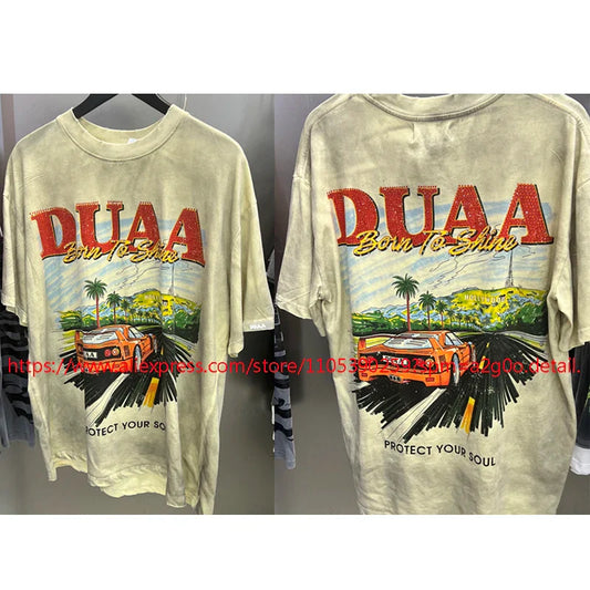 High street hip hop off-white faded t-shirt with bold red dua a graphic and orange car retro design on front
