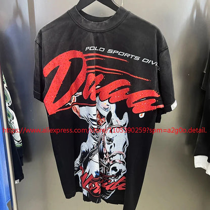 Black short-sleeved high street hip hop t-shirt with bold red white graphic rider on horseback and glittery text detail