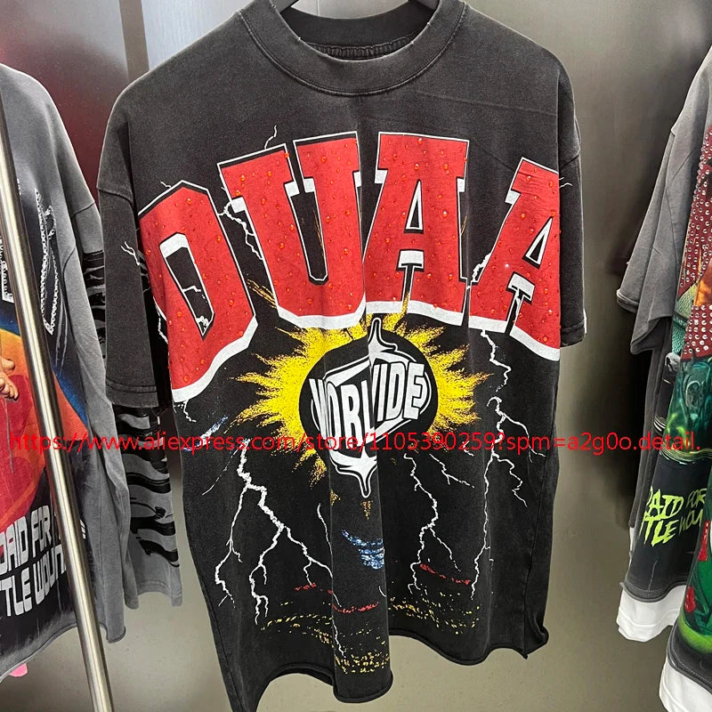 Black oversized cotton t-shirt with bold red duaa lettering and voride graphic surrounded by yellow lightning bolts