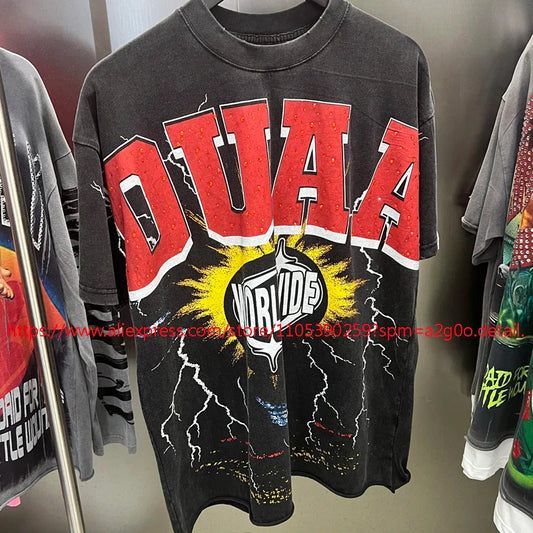 Black oversized cotton t-shirt with bold red duaa lettering and voride graphic surrounded by yellow lightning bolts