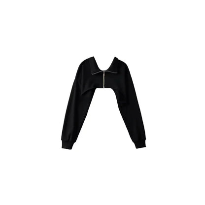 Black cropped hoodie with collar and front zipper made of chemical fiber fabric featuring hip-hop inspired design