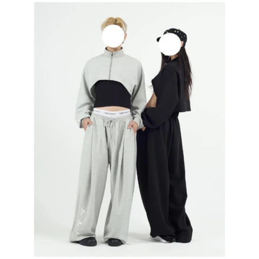 Gray and black cropped sweatshirt with high collar and half-zip front in chemical fiber fabric and hip-hop inspired design