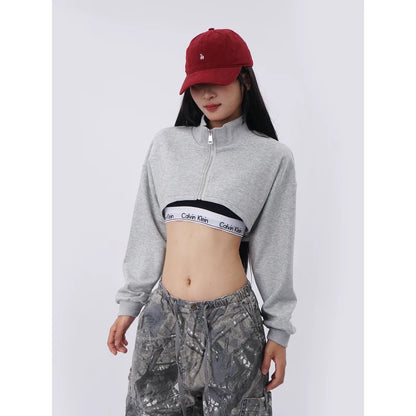 Gray calvin klein cropped half-zip sweatshirt in chemical fiber fabric with black and white waistband hip-hop inspired design