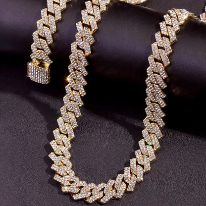 Gold-colored hip hop 14mm prong cuban link chain necklace with bold interlocking links and clear crystals for men punk rapper