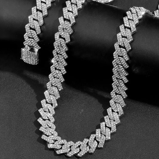 Silver-toned hip hop 14mm prong cuban link chain necklace with clear crystals for men punk rapper jewelry set