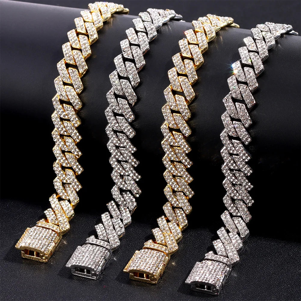 Four gold and silver tones hip hop 14mm prong cuban link necklaces with clasp for men punk rapper jewelry