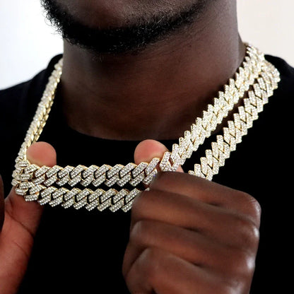 Gold-colored hip hop 14mm prong cuban link chain necklace iced out with diamonds for men punk rapper jewelry