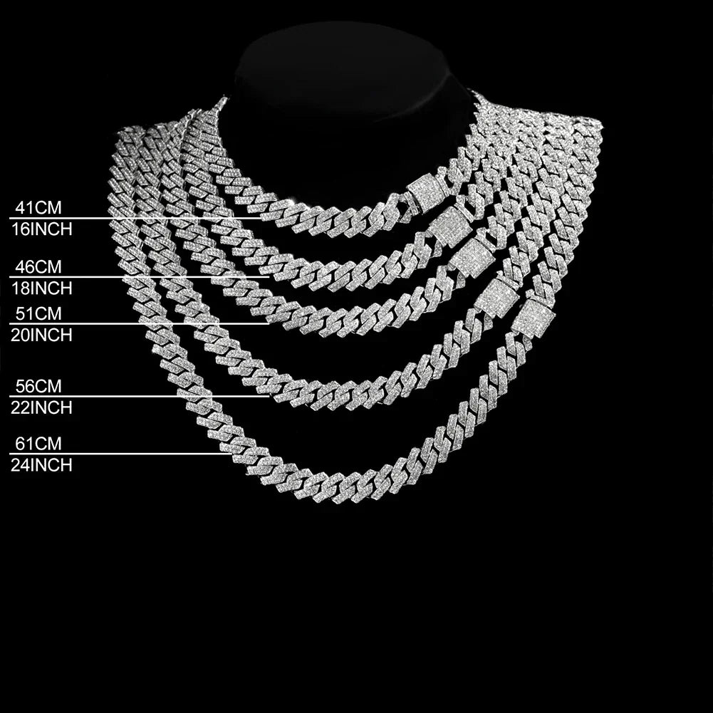 A set of five silver-toned heavily embellished hip hop 14mm prong cuban link chain necklaces with diamond clasps for men punk rapper