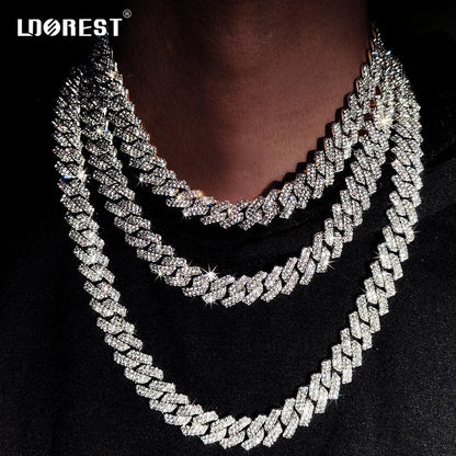 Silver-toned hip hop 14mm prong cuban link chain necklace with thick links and sparkling clear crystals for men punk rapper