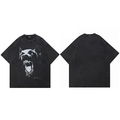 Black oversized cotton t-shirt with distressed white aggressive dog face animal vintage graphic for streetwear retro washed style tee hipster dope