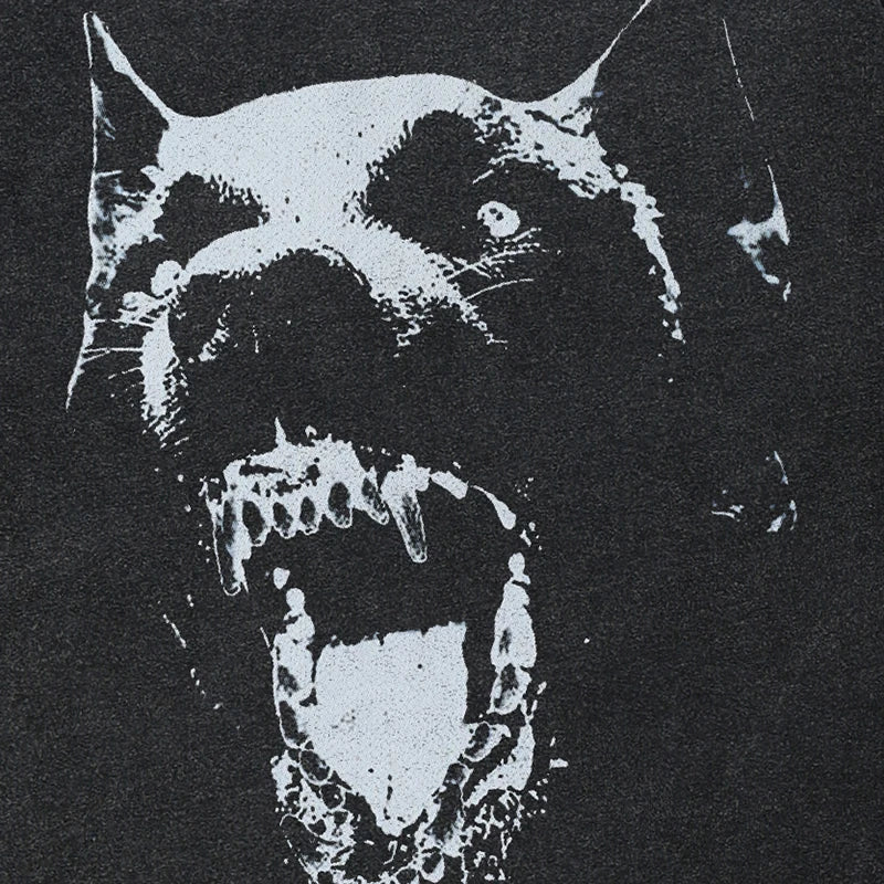 Black streetwear retro washed cotton t-shirt with bold white animal vintage graphic of aggressive dog face tee hipster dope