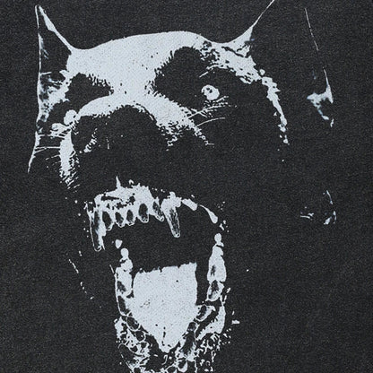 Black streetwear retro washed cotton t-shirt with bold white animal vintage graphic of aggressive dog face tee hipster dope