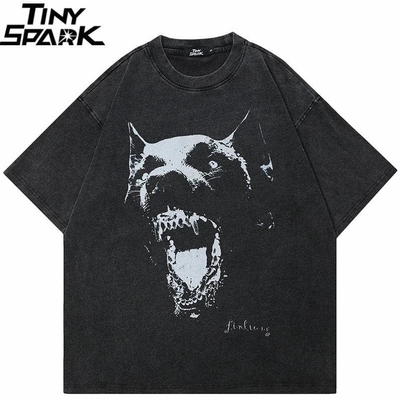Black oversized cotton streetwear retro washed t-shirt with an aggressive animal vintage graphic for tee hipster dope style
